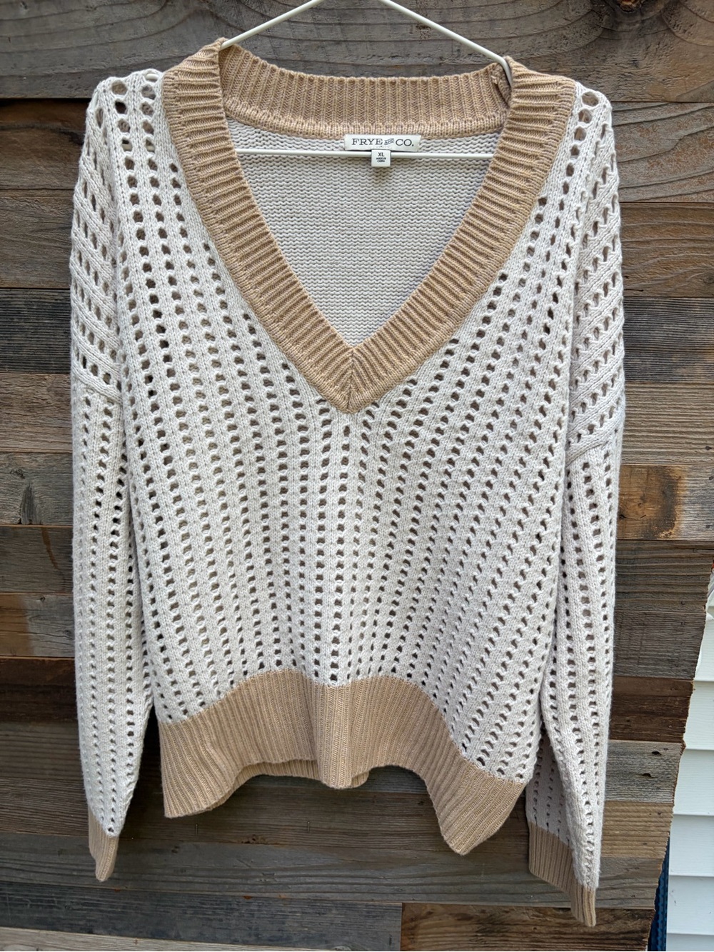 FRYE AND CO. Cream Sweater with Tan Trim V-Neck Open Knit
